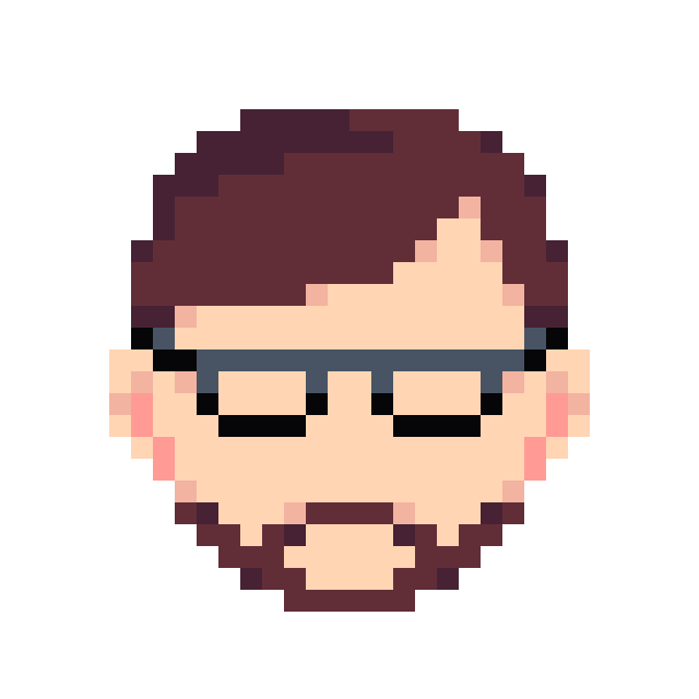 pixel art portrait of a white man with brown hair, a beard and glasses
