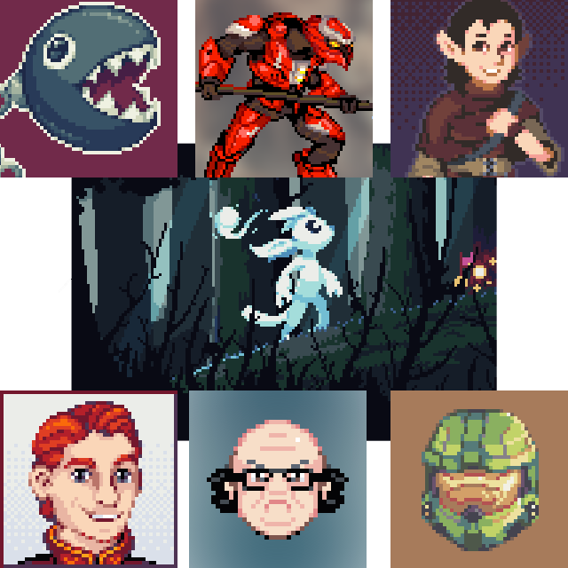 An assortment of pixel art I have created, including three character portraits, a Chain Chomp from Super Mario, a helmet and alien from Halo, and a scene based on Ori and the Blind Forest